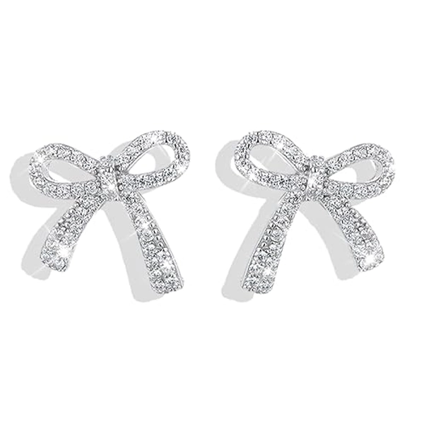 Bow Earrings for Women Trendy Sparkly Rhinestone Chain Tassel Earrings Bow Pearl Dangle Earrings Prom Wedding Party Dress Jewerly Gifts - A2:silver bow stud earrings