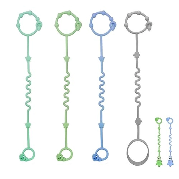 RTMOK Baby Toy Strap, Silicone Bottle Holding Clip, has 1 Toy Strap to Hold Bottles, 3 Toy Straps to Hold Any Toy, Plus 2 Free Silicone Pacifier Clips - Green