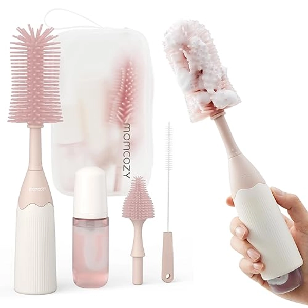 Momcozy Bottle Brush Kit, Innovative Push-Press Design for Better Cleaning - Baby Bottle Cleaner Brush for Baby Bottle, Breast Pumps, Nipples, and More - Can Generate Foam for Better Cleaning, Pink - Press Bubble Style - Pink