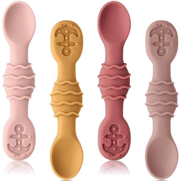 Qkie Silicone Baby Spoons, Baby Utensils for Infants Toddlers Self Feeding, Chew, First Stage Baby Led Weaning(BLW), Baby Feeding Essentials - Set of 4 Pack (Sunset)