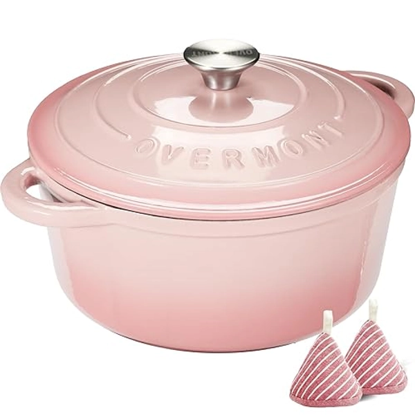 Overmont Bräter emaille Gusseisen Topf - Schmortopf 26cm backofengeeignet - mit Deckel und Kochbuch - für Küche Backen Schmoren Braten Rosa - 26CM - Rosa