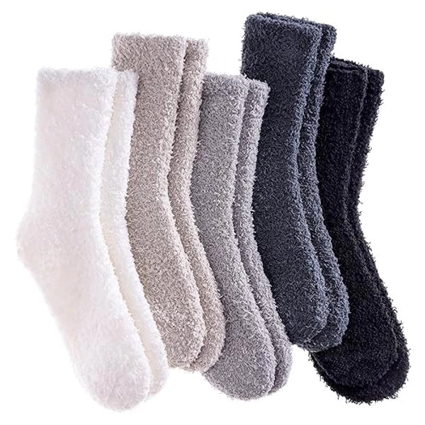 LANLEO 5/6 Pairs Womens Super Soft Fuzzy Plush Warm Winter Home Sleeping Slipper Socks - One Size - 5 Pairs Solid Color Style