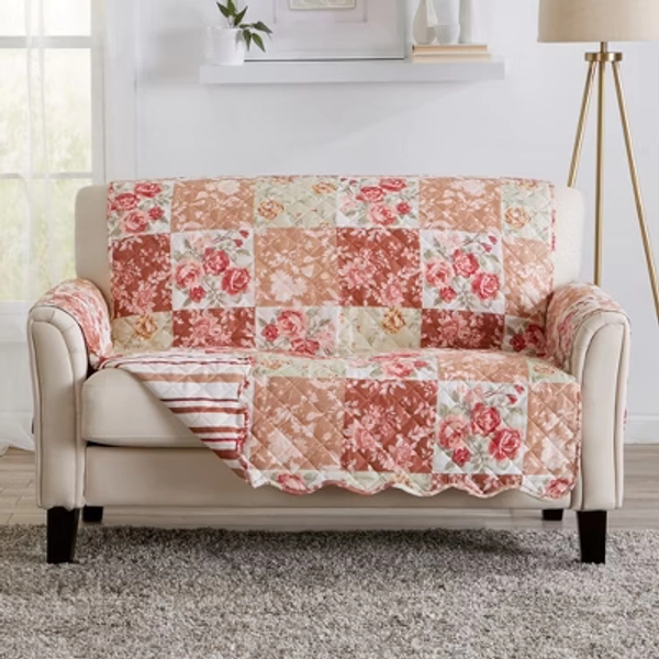 Great Bay Home Floral Patchwork Reversible Furniture Protector  (Loveseat, Burgundy / Taupe)
