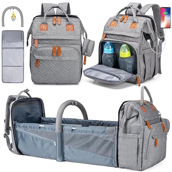 KABAQOO Diaper Bag Backpack, Large Baby Diaper Bags for Boys Girls, Baby Bag with USB Charging Port, Multifunction Waterproof Travel Back Pack for Moms Dads, Grey - Grey