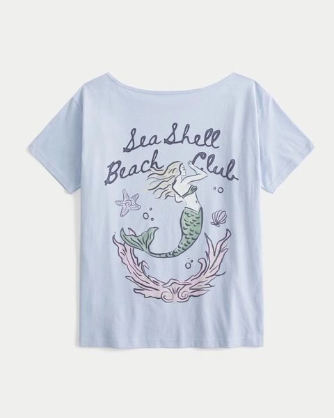 Oversized Off-the-Shoulder Sea Shell Beach Club Graphic Tee