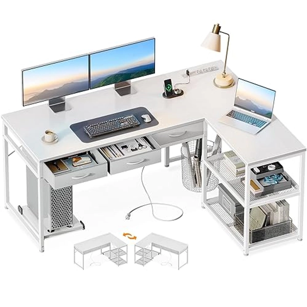 AODK 53 Inch L Shaped Computer Desk with Drawers, Corner Desk with Power Outlets & Reversible Storage Shelves, Movable CPU Stand for Home Office Gaming, White - 53 Inches - White