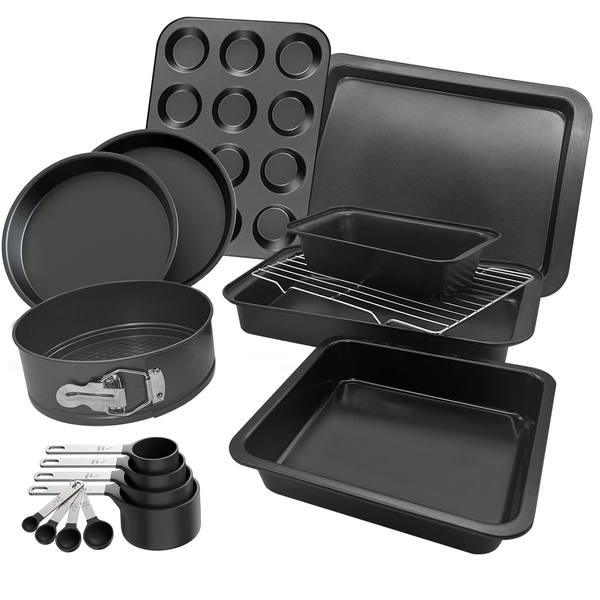 Premium 17 Piece Bakeware Sets | Carbon Steel, Non Stick & Oven Safe up to 500°F | Complete Baking Kit includes 9 Inch Round Cake Pans - Spring Form Pan - Cookie Sheets - Muffin Pan & much more