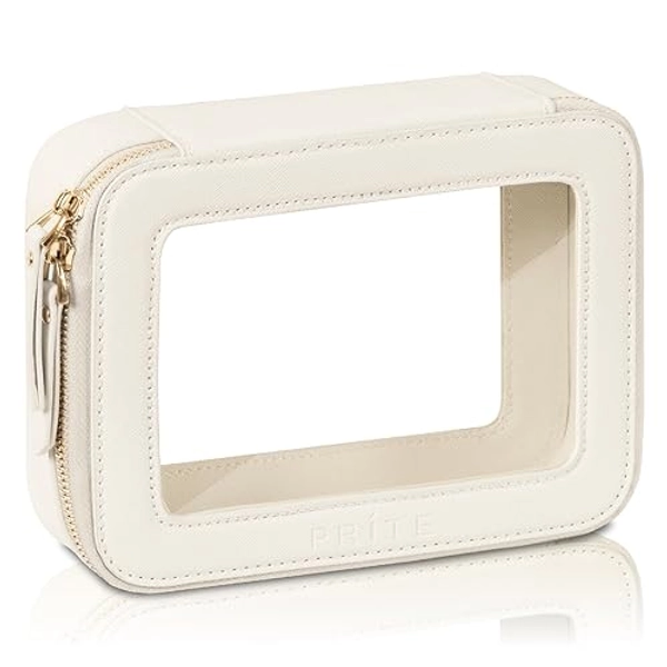 Prite Clear Makeup Bag Cosmetic Organizer Case Waterproof Travel Toiletry Bag Skincare Pouch with Golden Zipper(Beige) - Beige - Standard