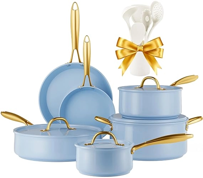 RIOVARM Induktion Töpfe und Pfannen Set mit Deckeln, Keramik Antihaft beschichtung Kochgeschirr-Set, Küche Essentials Set mit Kochutensilien-Set, Bratpfanne, Kochtopf, Sauteuse, Soßenpfanne Spatel - Blue