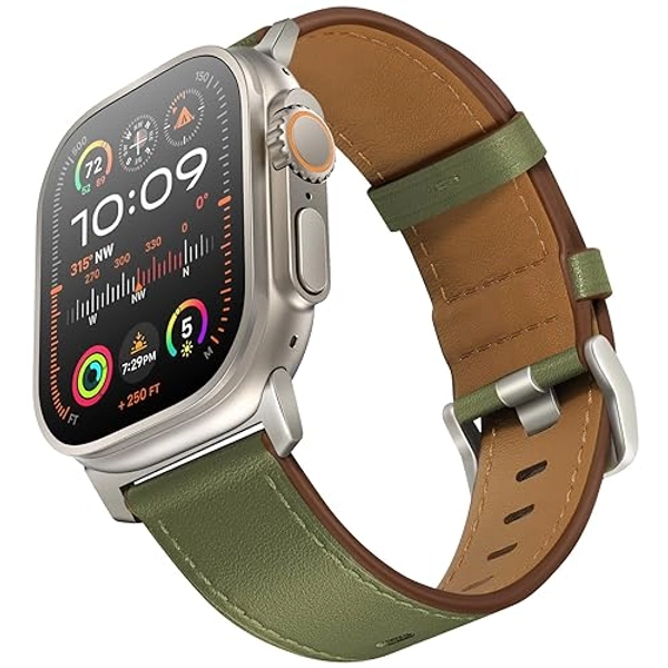 UUPWPOKT Compatible with Apple Watch Ultra 2 / Ultra Band 49mm 46mm 45mm 44mm 42mm Men, Genuine Leather Band Strap for iWatch Ultra Series 10 9 8 7 6 5 4 3 2 1 SE, Army Green/Titanium