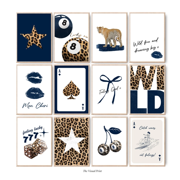 Set of 12 Navy Leopard Trendy Aesthetic Print Bundle, Lucky 8 Ball Cheetah Star Maximalist Wall Art Prints, Preppy Retro Dorm Digital Prints