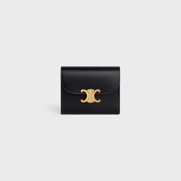 SMALL FLAP WALLET TRIOMPHE IN SHINY CALFSKIN - BLACK | CELINE