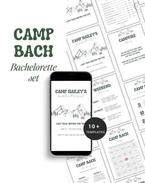 Camp Bachelorette Set • Camp Bach Invitation + Itinerary, Games, Signs • Last Trail Before the Veil • 10+ Editable Templates • Canva