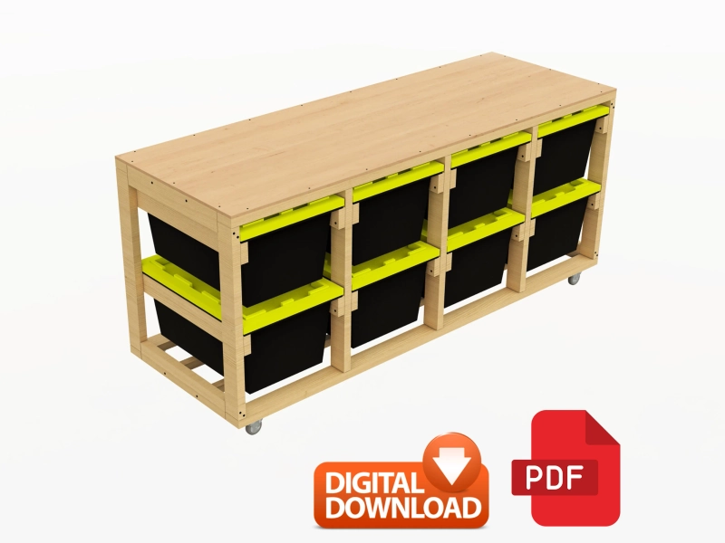 8 Unit Horizontal Storage Rack | Rolling Garage Storage Shelves |  - DIY 27 Gallon Tote Storage Rack - Instant Download