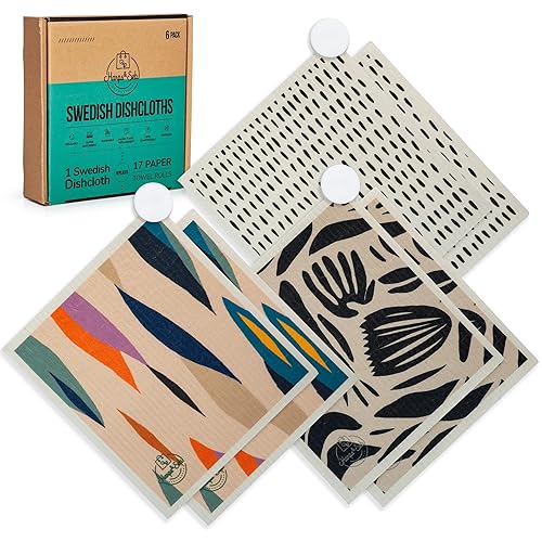 Harps&Seb Swedish Dishcloths for Kitchen Dish Towels - 6 Pack, Reusable Paper Towels with Clips, Super Absorbent Washable Non-Scratch Swedish Dish Towels, No Odor, Biodegradable - Color Me Bold
