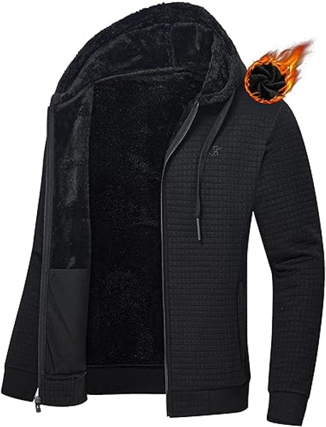 Men's Jacquard PlaidCloth Heavy Fleece Zipper Hoodie Sherpa Jacket Sweatshirt - X-Large - Black