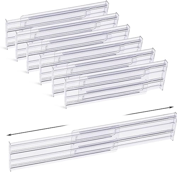6 Pack Drawer Dividers, Adjustable Drawer Organiser Divider(10.8"-20.5"), 3.15" High Extendable Clear Plastic Drawers Separators for Kitchen Bedroom Office Desk Dresser Cosmetic Clothing