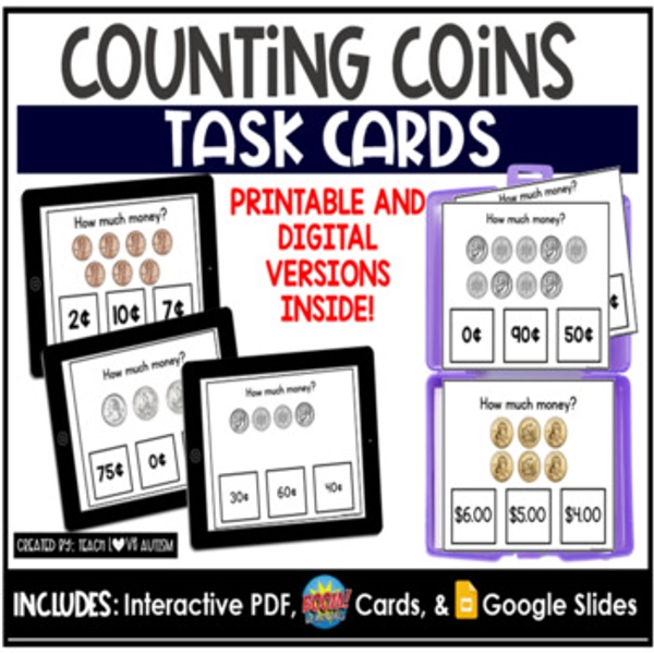 Counting Coins Task Cards | Task Boxes | Boom Cards | Google Slides