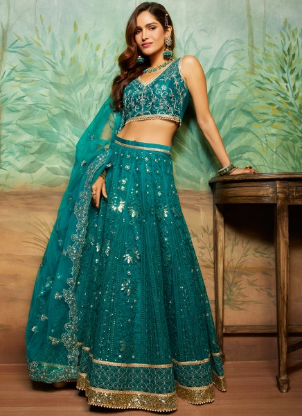 Teal Heavy Thread Embroidered Lehenga | Default Title