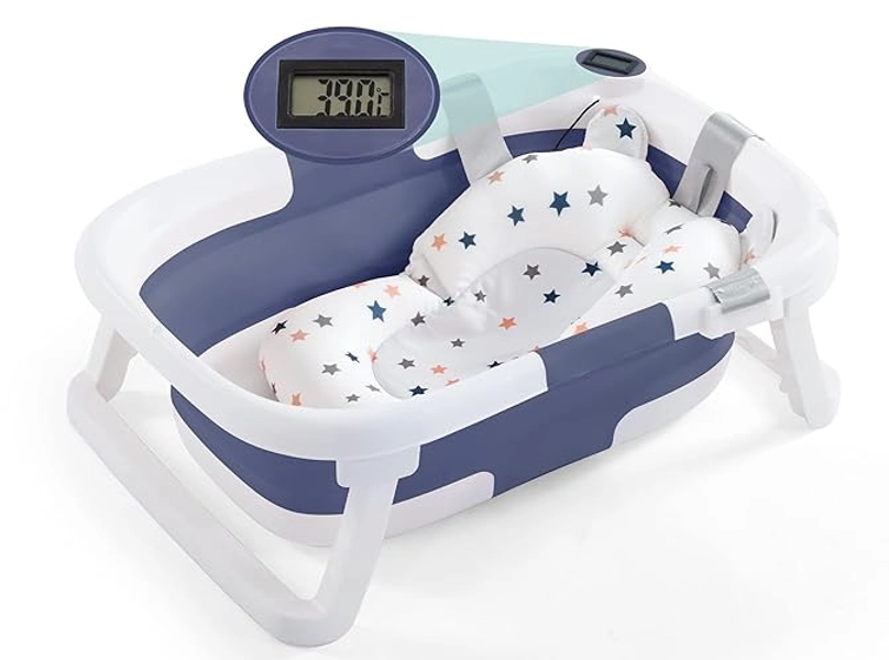 nordmiex Foldable Baby Bathtub for Infants to Toddler,Portable Travel Multifunctional with Drain Hole,Collapsible Newborn 0-36 Month (Blue White+Baby Bath Cushion+Waterproof Ear Cap) - Blue White