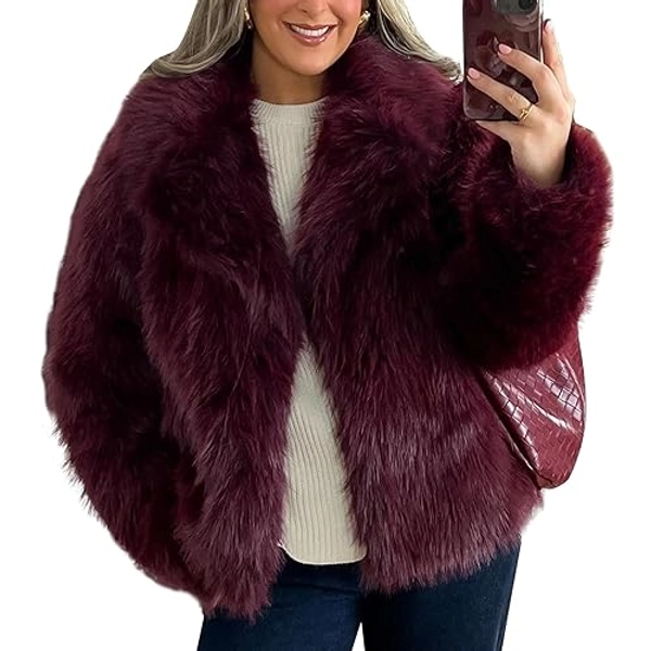 Flygo Women's Faux Fur Coat Fluffy Faux Fur Jacket Long Sleeve Lapel Furry Winter Jackets Shaggy Parka Short Coat - Wine Red - X-Large