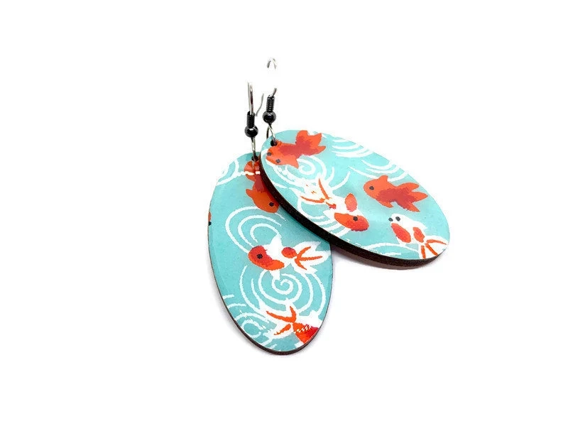 Koi Fish Dangle Earrings: Japanese Chiyogami Paper, Turquoise & Red