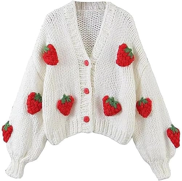 Women's Strawberry Print Flower Pattern V-Neck Cable Knit Long Sleeve Button Down Loose Cardigan Sweater Knitted Cardigan - One Size - Red