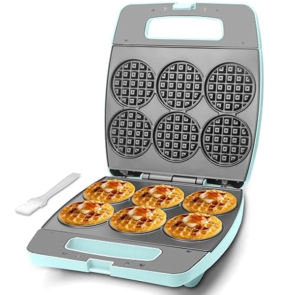 Baker's Friend Multi Mini Waffeleisen Rund, Mini Waffle Maker, Backen 6 x 8 cm kleine Waffeln, Ausgezeichnete Wahl für Frühstück, Brunch, Partys für Veranstaltungen, Aqua - Multi Mini Waffeleisen