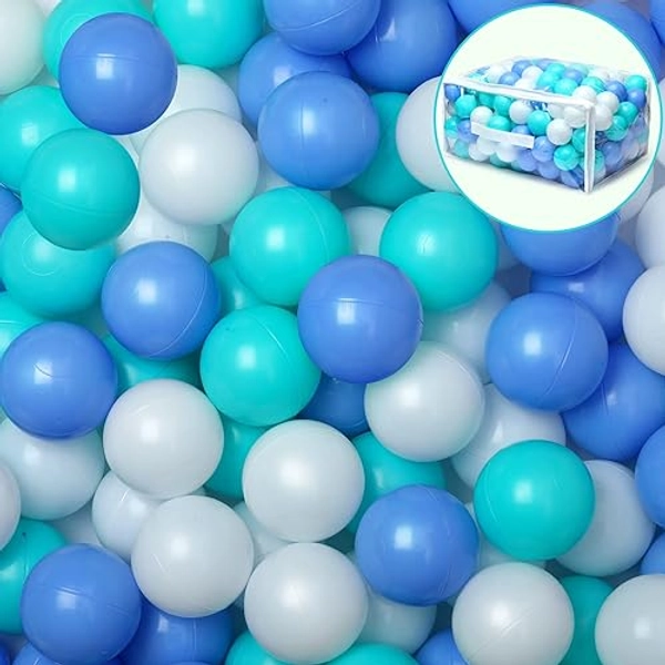Vanland Ball Pit Balls for Baby and Toddler Phthalate Free BPA Free Crush Proof Plastic - Multicolored Pit Balls in Reusable Play Toys for Kids with Storage Bag - Blue+White+Cyan - 100 Balls