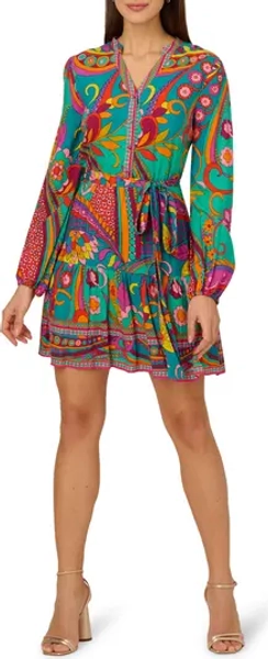 Print Tie Waist Long Sleeve Dress