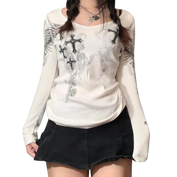 Grunge Clothes for Women Y2K Tops Long Sleeve Fairy Grunge Aesthetic Shirts Teen Girls Vintage Graphic Tees Fall - Small - Aa- White