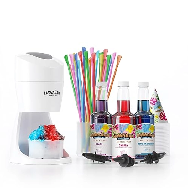 Hawaiian Shaved Ice Maker Kit - Home Snow-Like Dessert Machine for Kids with Cherry, Grape, Blue Raspberry Syrups - 25 Cups, Spoon Straws & Bottle Pourers - Silky Smooth Frozen Treat System - 4 Fl Oz (Pack of 4)