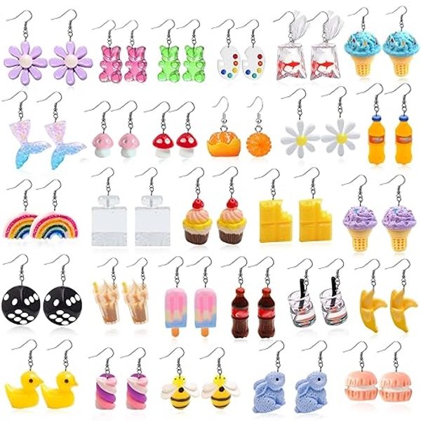 28 Pairs Weird Cute Earrings Funny Kawaii Indie Funky Earrings Including Gummy Bear Water Bottle Food Mushroom Boba Tea Earrings Goldfish Flowers Dangle Earrings for Women - 28Pairs