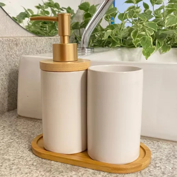 Conjunto Lavabo Banheiro 3 Peças Bambu Saboneteira Líquida