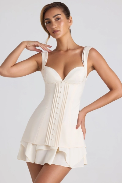 Ruffle-Trim Button-Detail Corset Mini Dress in Ivory | 6