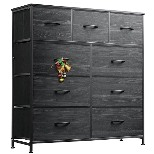WLIVE 9-Drawer Dresser, Fabric Storage Tower for Bedroom, Entryway, Closet, Tall Chest Organizer Unit with Fabric Bins, Steel Frame, Wood Top, Easy Pull Handle, Charcoal Black Wood Grain Print - Charcoal Black Wood Grain Print