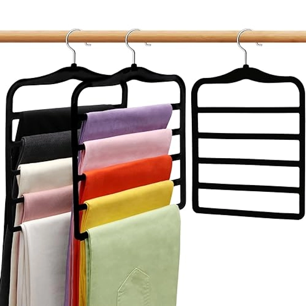 Closet Organizers and Storage,3 Pack Velvet Pants-Hangers-Space-Saving,Non Silp 5 Tier Scarf Jeans Organizer,Dorm Room Essentials for College Students Girls Boys Guys,Organization and Storage - Black