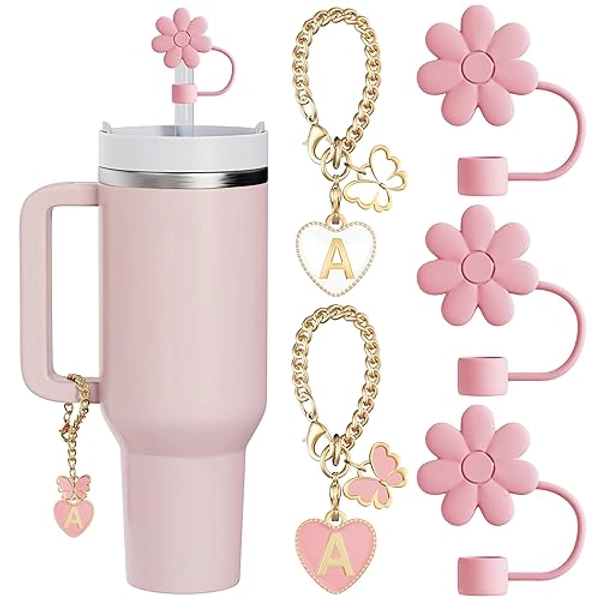 ANLABESY Compatible with Stanley Cup Accessories, 3PCS Hot Pink Straw Toppers for Stanley Cup Straw Cover Cap, 2PCS Cute Letter Charms for Stanley 30&40 Oz Tumbler with Handle(A) - A - Hot Pink