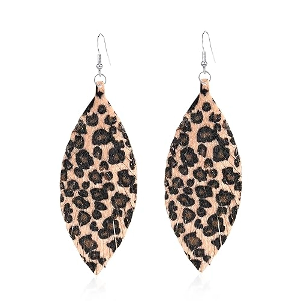 Vavhoo Large Genuine Soft leaf Leather Handmade Fringe Tassel Feather Lightweight Tear Drop Dangle Color Earrings for Women - Light Leopard