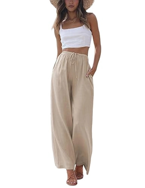 Faleave Women's Cotton Linen Summer Palazzo Pants Flowy Wide Leg Beach Trousers with Pockets - Medium - Khaki
