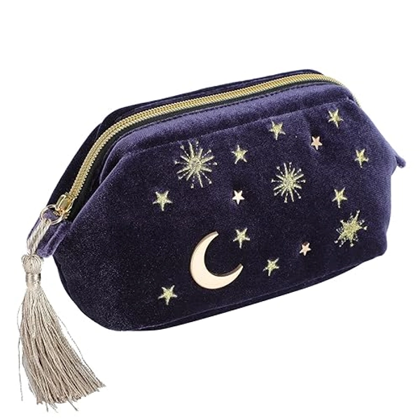 Handy cosmetic makeup bag,Navy Velvet Embroidered Applique Moon Stars Cosmetic Bag,Starry Makeup Pouch with Tassels & Pearl Zipper,Beautician Storage Bag