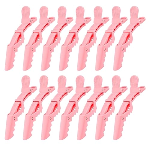Ondder 14 Pcs Pink Alligator Hair Clips for Styling Sectioning Large Pro Salon Hair Clips Barber for Coloring, Cutting, Sectioning Big Gator Clips Hair Styling Accessories for Women Men Girls - Pink