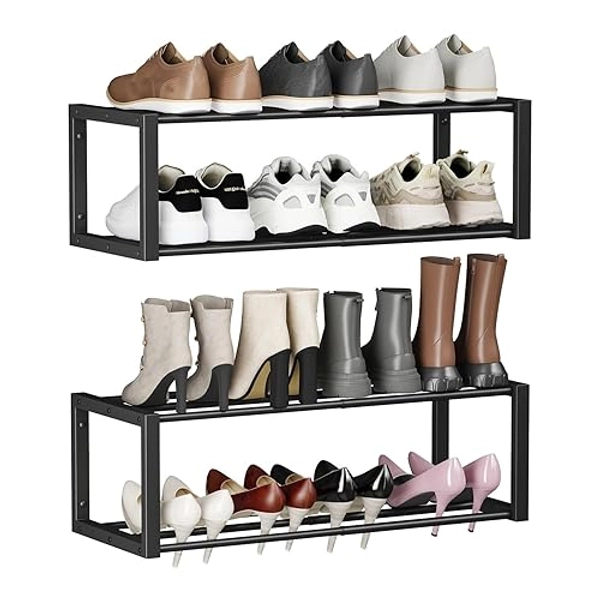 Homeiju Hanging Shoe Organizer,2 Pack Wall Mounted Shoe Rack Holds 12 Pairs,Space Saving Metal Wall Shoe Rack,Hanging Shoe Rack Shoe Holder for Small Space,Entryway,Closet,RV,Camper（Black - Black