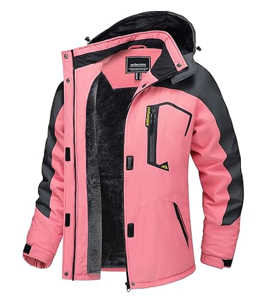 TACVASEN Women's Winter Jacket Waterproof Ski Jacket Hooded Fleece Lined Warm Snow Coat Mountain Windproof Rain Windbreaker - Pink Grey - X-Large
