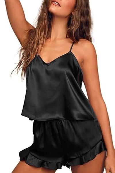Ekouaer Satin Pajama Set for Women Silk Pjs for Women Set Camisole Top and Shorts with Ruffle Sleepwear - Black - Small