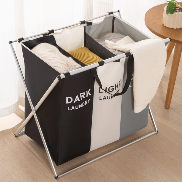 Large 3-Compartment Foldable Laundry Basket with Privacy Screen - Collapsible, Portable, and Easy to Carry - Ideal for Bathroom, Bedroom, and Home Organization