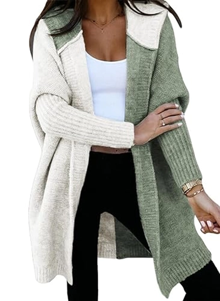Astylish Women 2024 Open Front Long Sleeve Hooded Knit Cardigan Sweaters Color Block Outwear Coat - Large - Green
