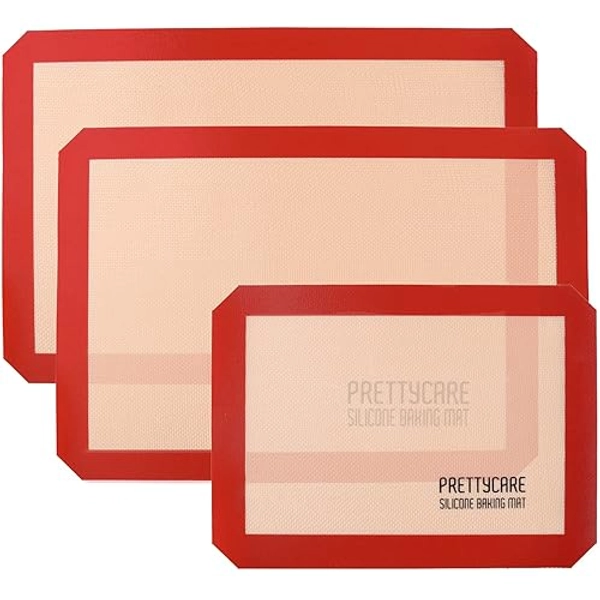 PrettyCare Silicone Baking Mat Half Sheet (Thick & Large 16.5" x 11.5") Non Stick Silicon Liner for Bake Pans & Rolling for Macaroon/Pastry/Cookie - (Red - 3 Pack) - Baking Mat-red-3pack
