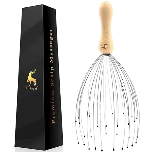 USAGA 32 Fingers Head Massager, Head Scratcher Scalp Massager, Stocking Stuffers Gift for Head Body Relaxing Wood Handle (1 Pack) - 1