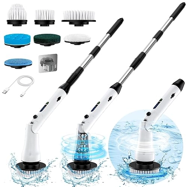 Electric Spin Scrubber with Long Handle, IPX7 Waterproof Cordless Electric Cleaning Brush, Shower Scrubber Bathroom Cleaner Brush with 7 Replaceable Brush Heads, 2 Speeds Scrubber for Floor Tile Tub